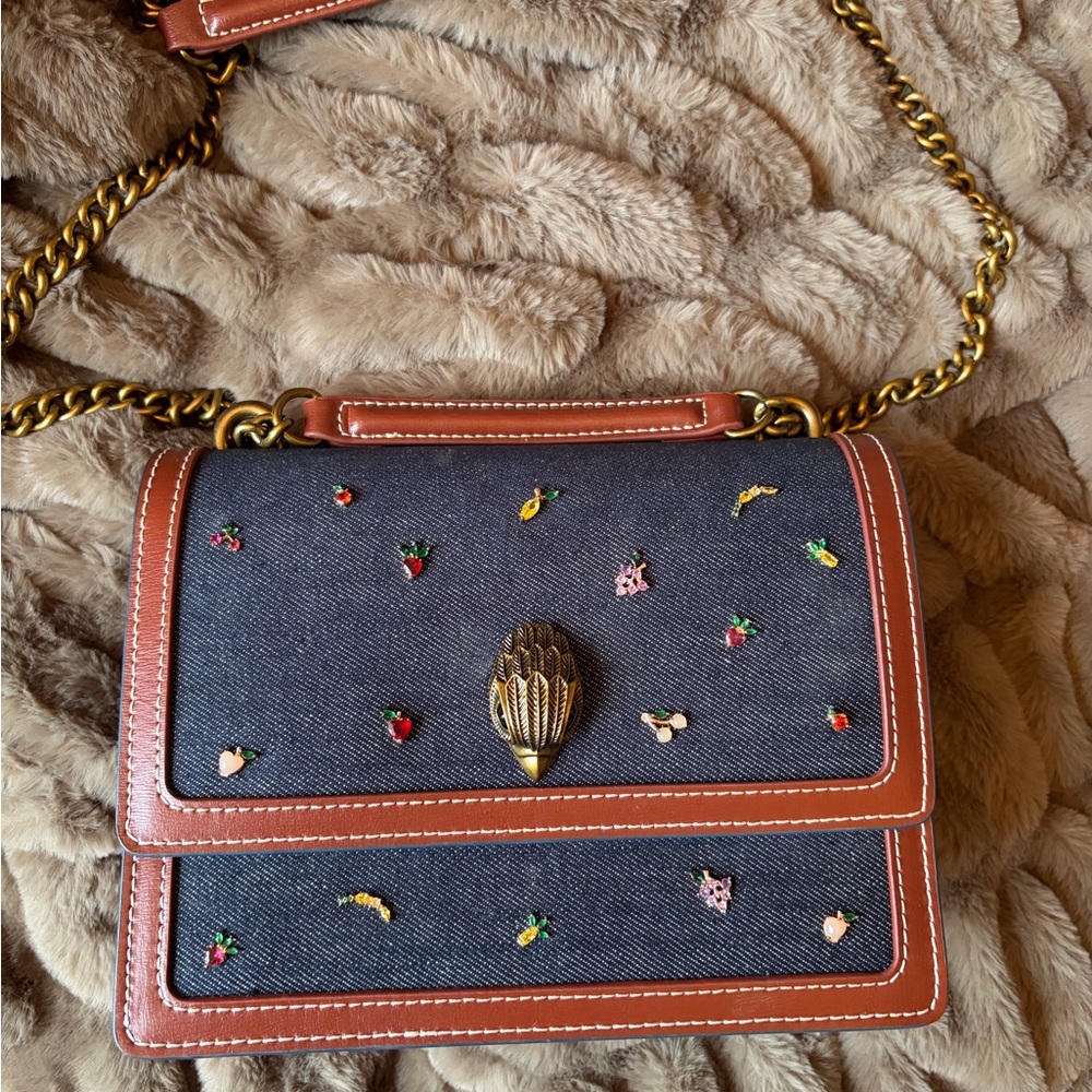 Kurt Geiger Navy Denim Crossbody with Brown Trim and Gold Accents